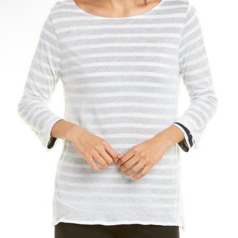MAJESTIC FILATURES double layer cotton stripe 3/4 sleeve boatneck GRYWHT sz L